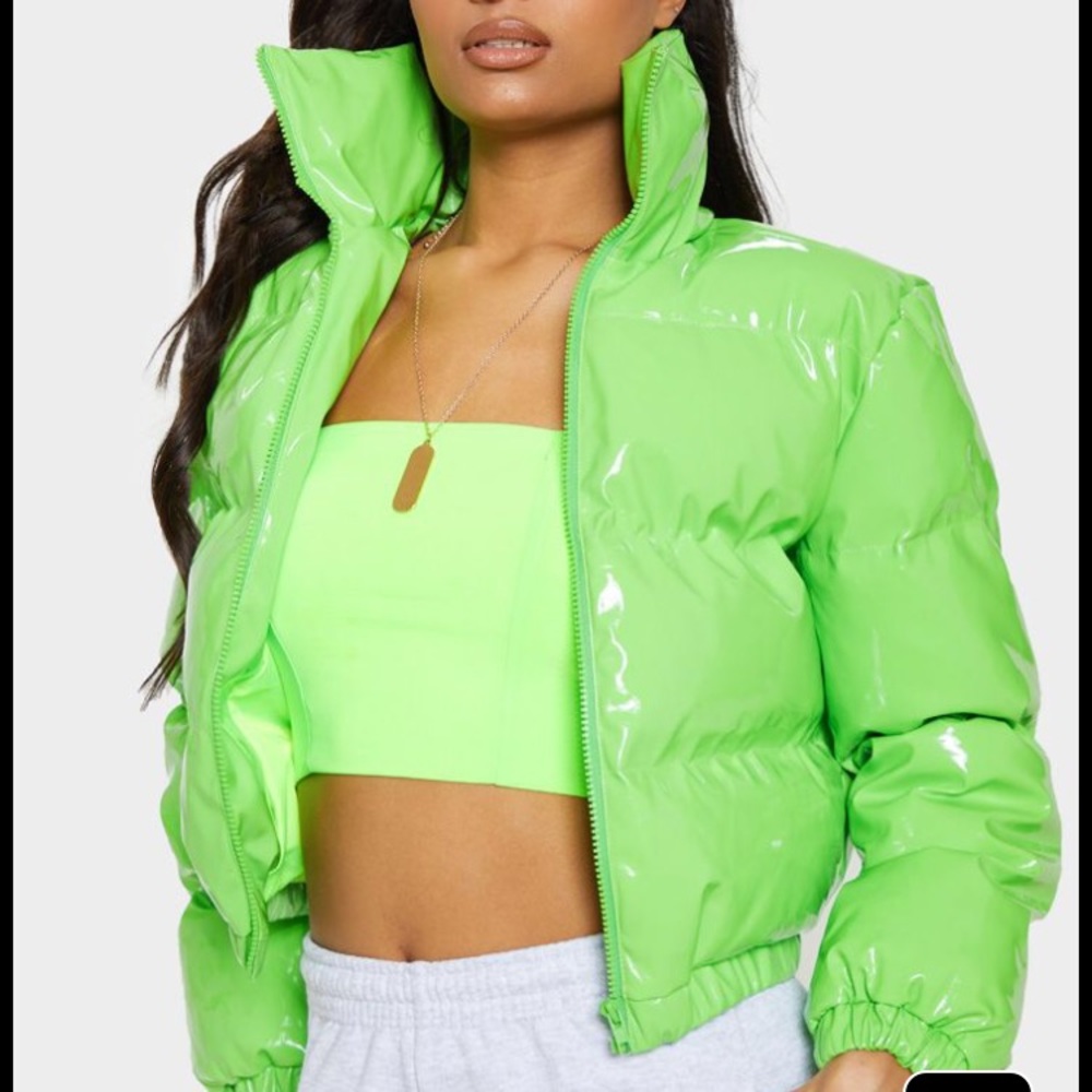 Pretty Little Thing Lime Green Vinyl puffer jacket
